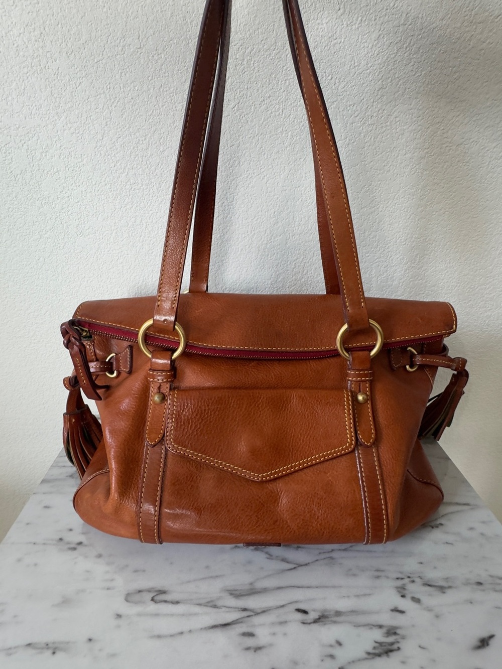Dooney & Bourke Cognac Brown Leather Satchel with Gold-Tone Rings